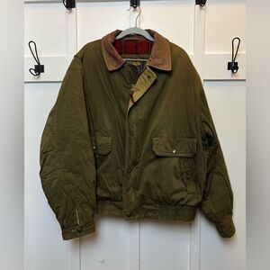 VTG Woolrich Men Bomber Jacket Thermore Green Brown Leather Size XL Rustic Cabin